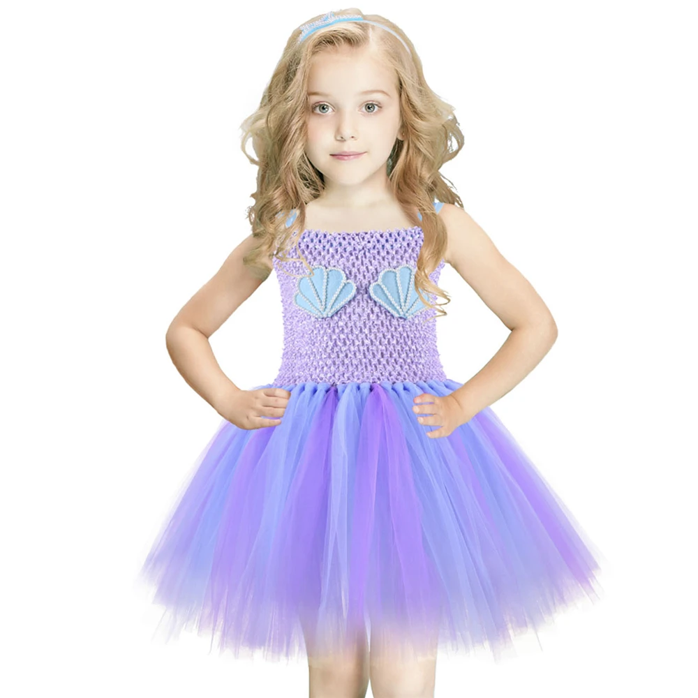 Mermaid Princess Tutu Dress with Headband Blue Purple Under The Sea Shell Tulle Girl Birthday Party Kids Halloween Costume | Детская
