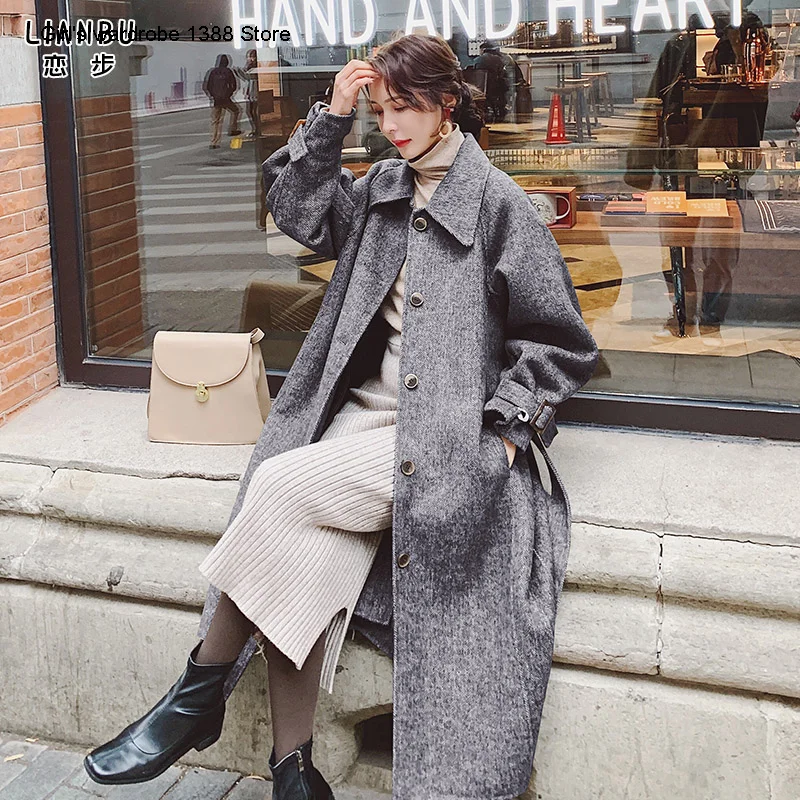

Женское шерстяное пальто в стиле Хепберн, длинное утепленное пальто выше колена в Корейском стиле для средней школы, Осень-зима 2020