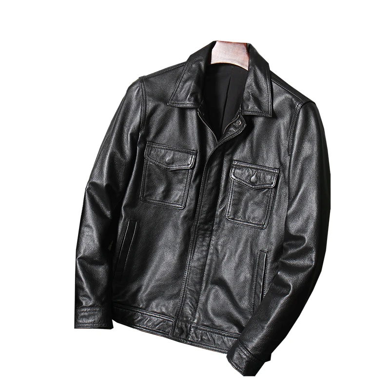 

Cowhide Genuine Leather Clothes Section Denim Jacket Vintage Retro Motorcycle Clothes Tea Core Retro Men's Short Slim Casual