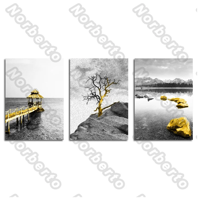 

Natural Landscape Canvas Painting and Pattterns Wall Poster Mountain Lake Stone Tree Bridge for Living Room Bedroom Decoration
