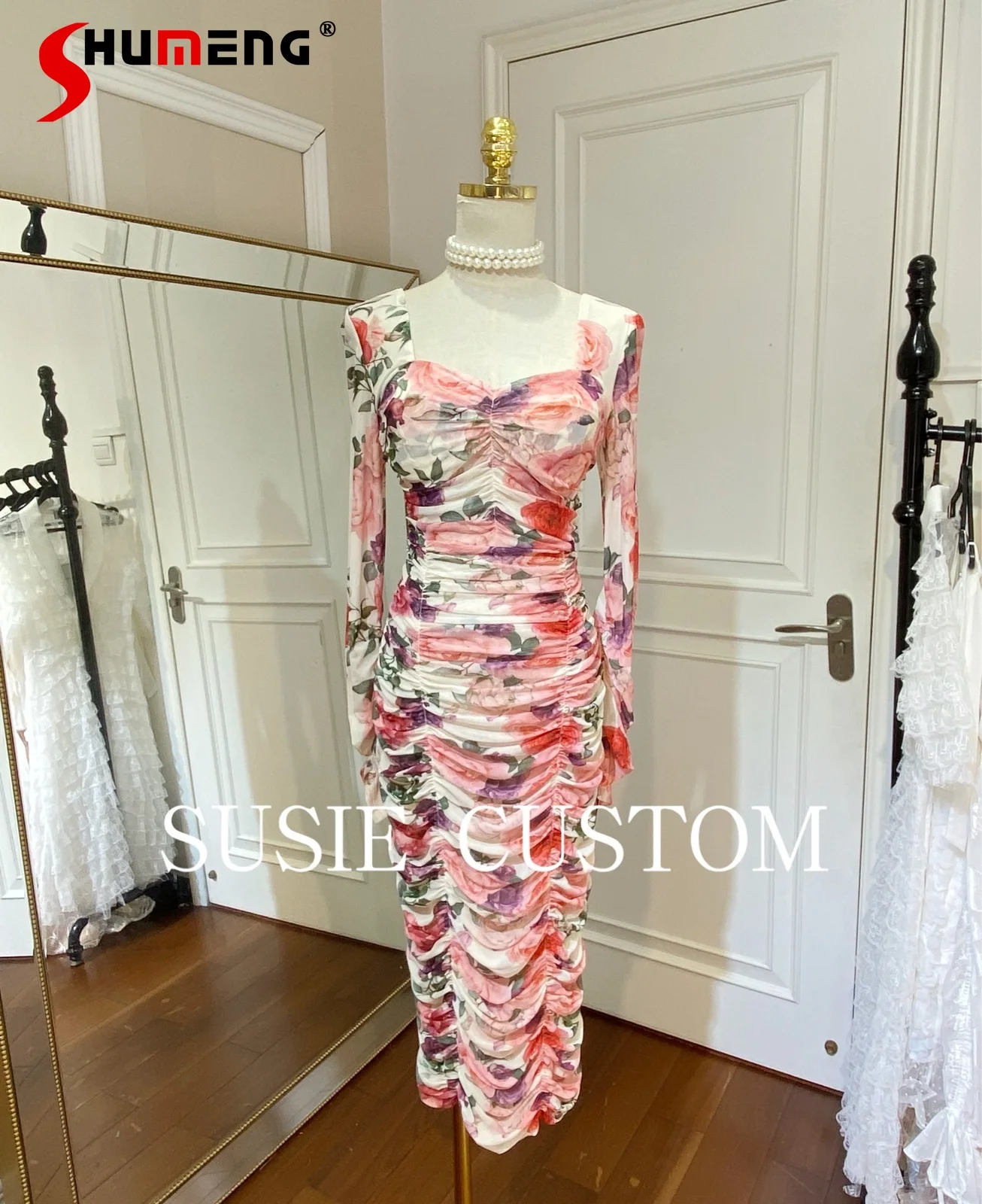 

2021 New Fall Customized Elegant Elastic Mesh Flower Print Ankle-length Dress Women's Fashion Pleated Slim Waist Sheath Dress