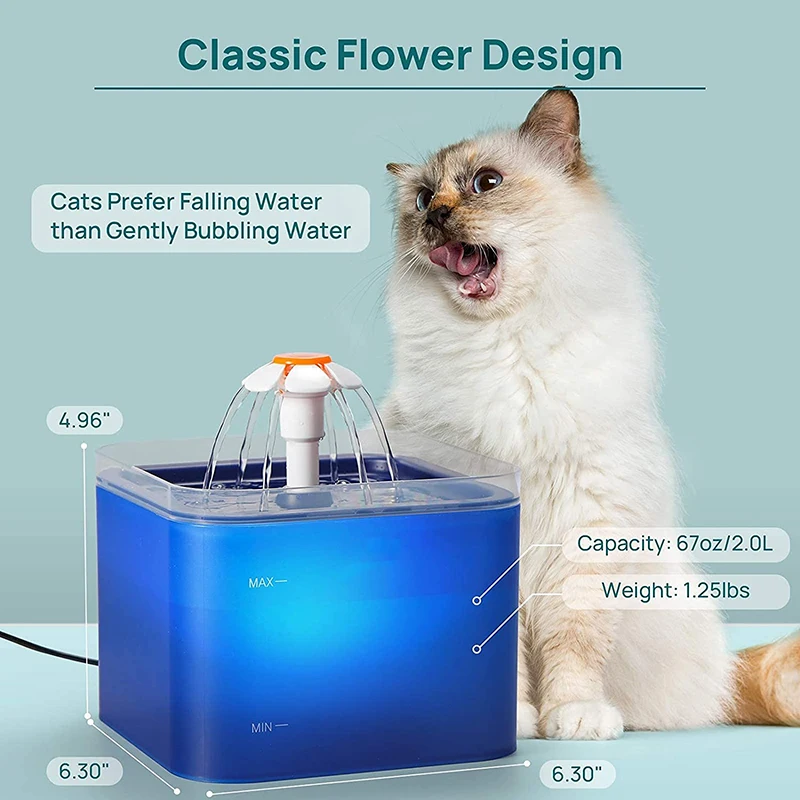 

2021 Cat Water Fountain with LED Light 67oz/2.0L Ultra Quiet Cat Drinking Fountain with Filter Automatic Pet Water Fountain