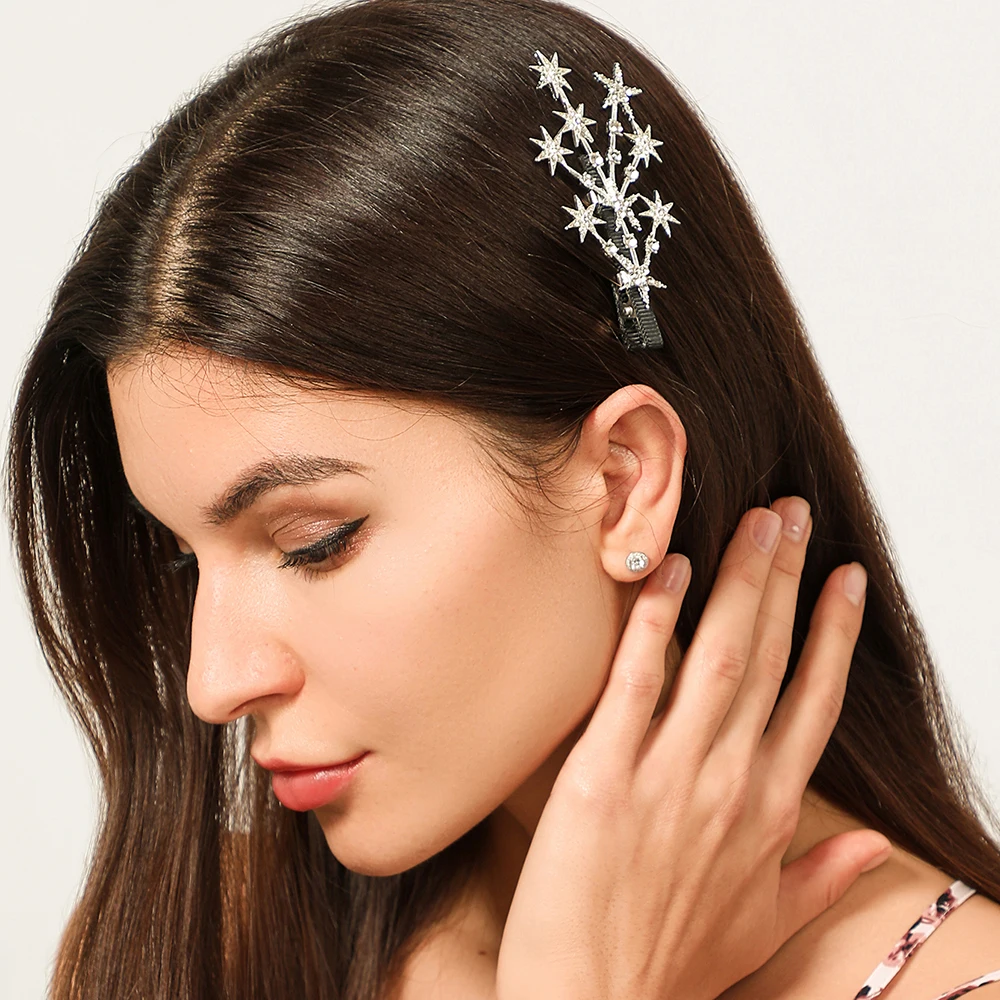 Модные золотые серебряные Стразы Звезды ветка дерева Утконос зажим для волос