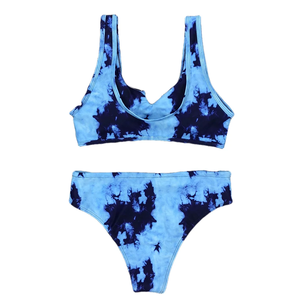 

Sexy Women Bikini Sets Tie Dyeing Pattern Padded Tops Hollow Design High Waist Drawing Straps Swimming Suit Bathing Suits