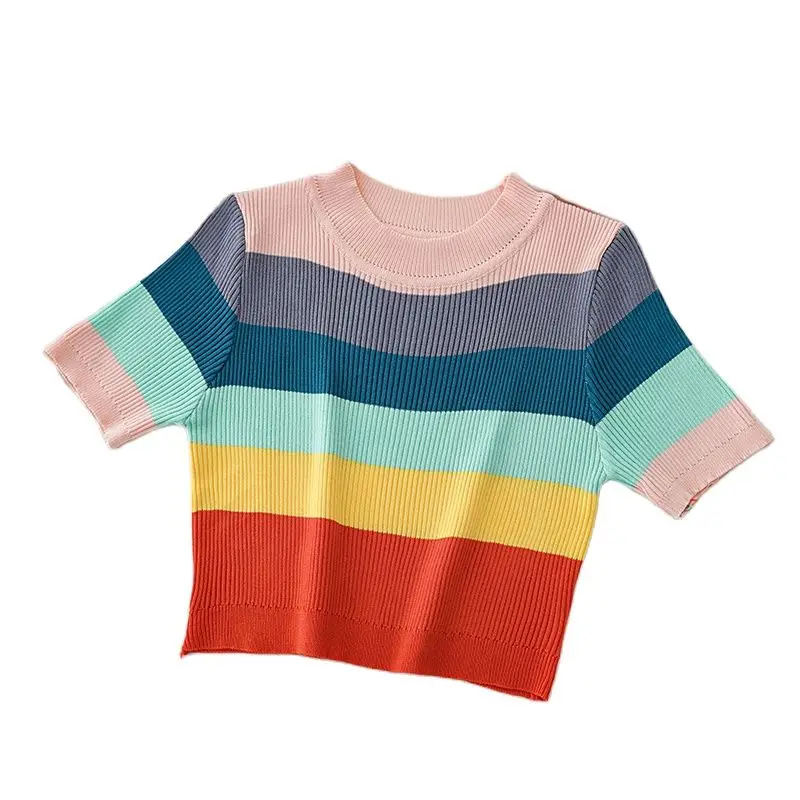 HELIAR женские вязаные радужные полоски футболки с круглым вырезом летние