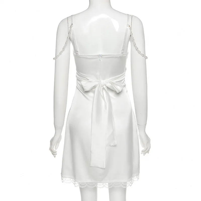 

ALLNeon 2000s Fashion Criss-Cross Bandage Lace Trim White Dress Y2K Vintage Pearl A-line Satin Cami Dress Party Outfits Slim