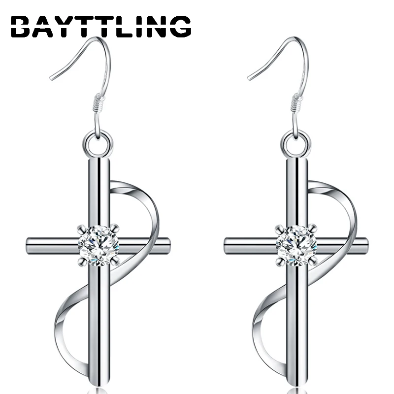 

BAYTTLING New Silver Color 53MM Cross CZ Zircon Drop Earrings For Women Exquisite Gifts Wedding Party Jewelry