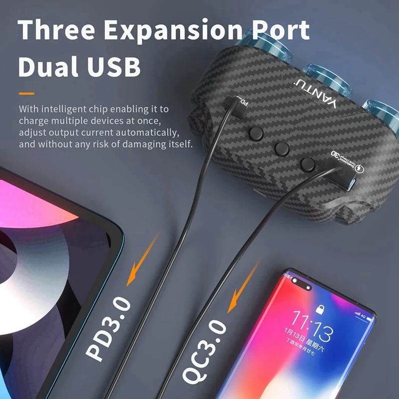 YANTU QC3.0 120 Вт 12 В 3-гнездовой разветвитель прикуривателя адаптер постоянного тока с