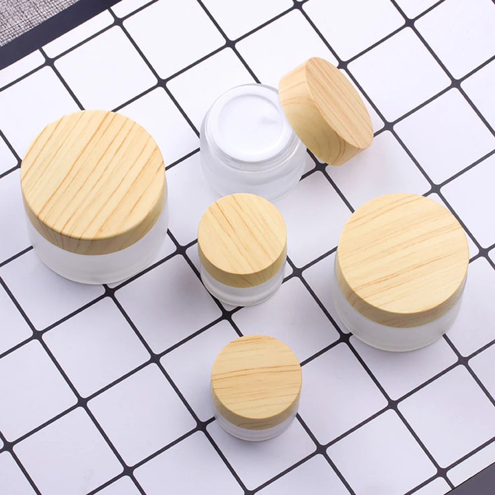 Матовая стеклянная банка для крема деревянная крышка зерна горшок косметический