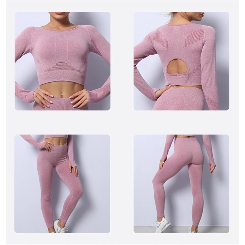 

Women 2pcs Seamless Yoga Set Sport Suit GymWear Workout Clothes Long Sleeve Gym Crop Top High Waist Leggings Fitness Sports Wear