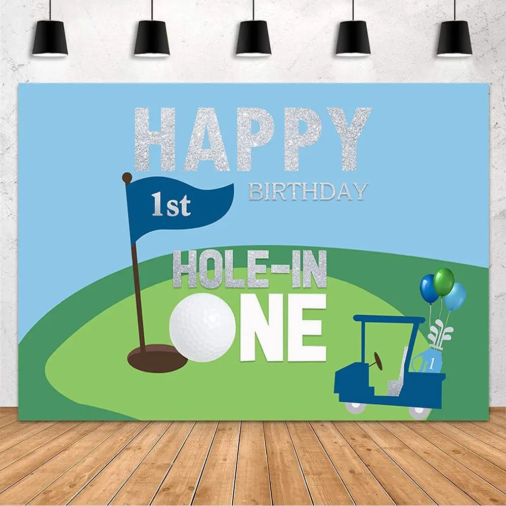 

Golf Theme Hole In One Photography Backdrop Happy 1st Birthday Party Decoration Banner For Kid Children Green Background Poster