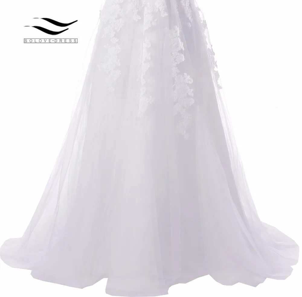 Женское кружевное свадебное платье элегантное фатиновое с V-образным вырезом