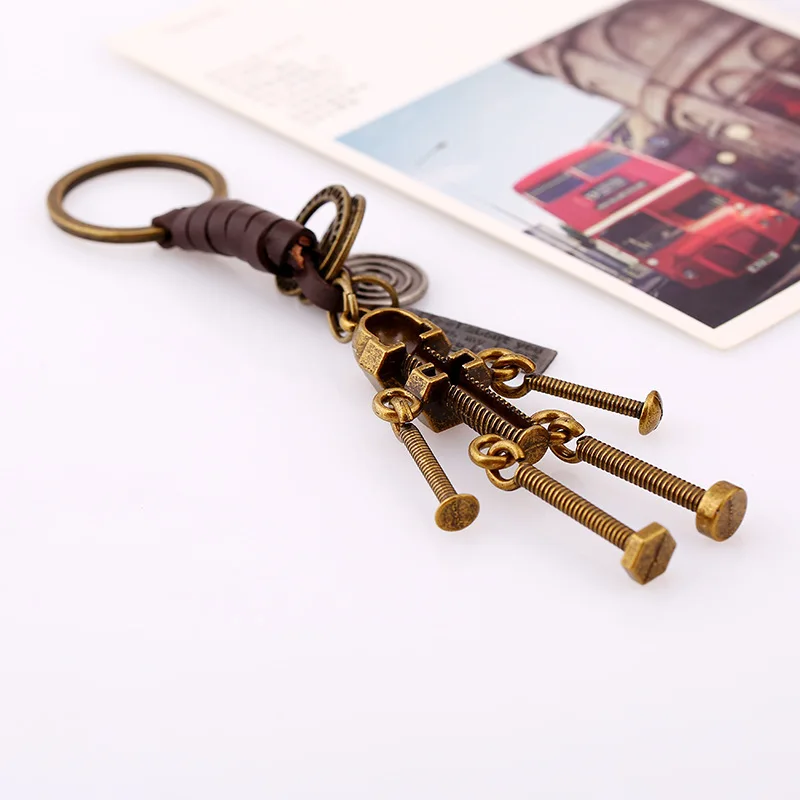 

Punk Rock Vintage Genuine Leather Screw Robot Keychain Animal Pendant Bag Car Keys Accessories Keyring Woman Jewelry Gifts