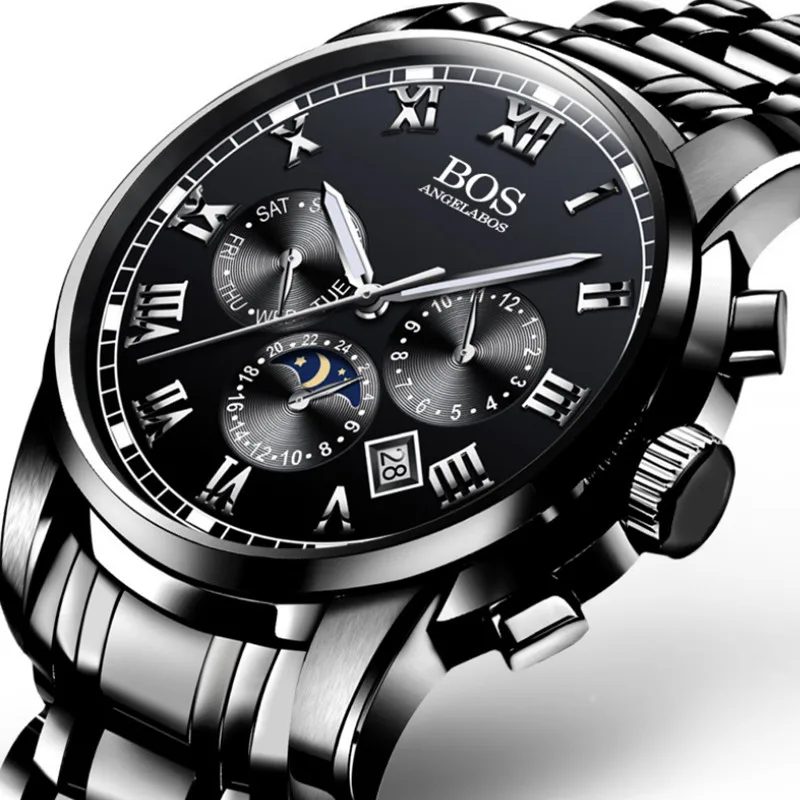 Бренд Angela Bos мужские полностью черные стальные часы кварцевые