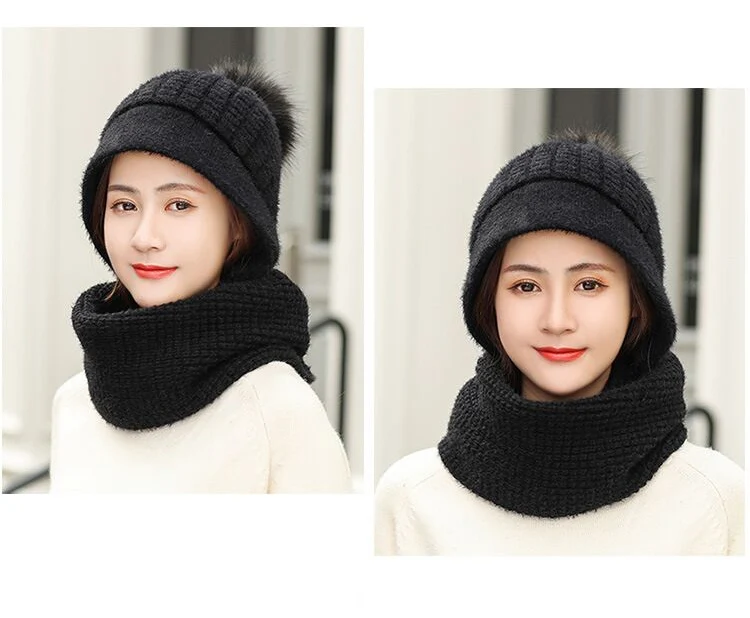 Зимние шерстяные вязанные шарф и шапка набор бини женский шарф Skullies Beanies шапки для женщин шапка s Gorras Bonnet маска цельная шапка