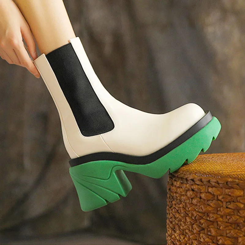 

Women Ankle Boots Mixed Color Bottom Boots Platform Slip on Ladies Shoes Retro Casual Females Rain Boots Fashion Chelsea Boots