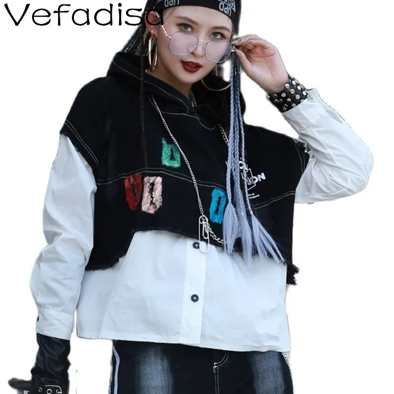 

Vefadisa Fashion Patchwork Women Sweatshirt 2021 Autumn Hooded Female Pullover Coat Stitching Color Women Coat Black QYF6265