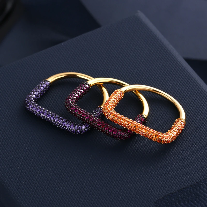 

S925 Sterling Silver New Golden Yellow Colorful Square Ring Female Fashion Personality Simple High-End Luxury Jewelry Gift