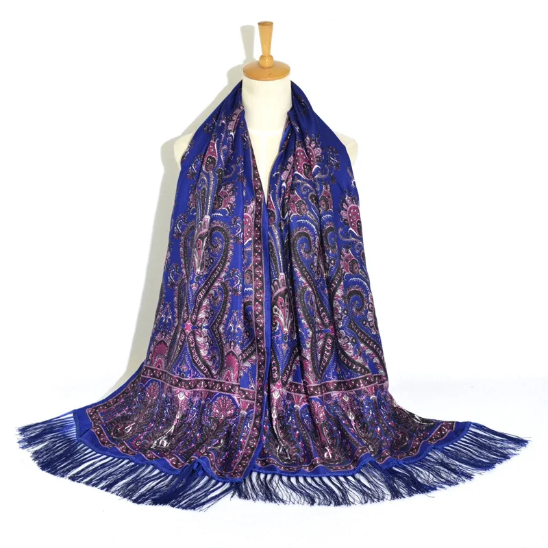 2 Royal Blue Женский шарф, зимняя шаль, Женский русский длинный хиджаб, цветочный узор, Dupatta, ретро, украинский, польский, с бахромой, испанский шарф - Цвет: 2 Royal Blue