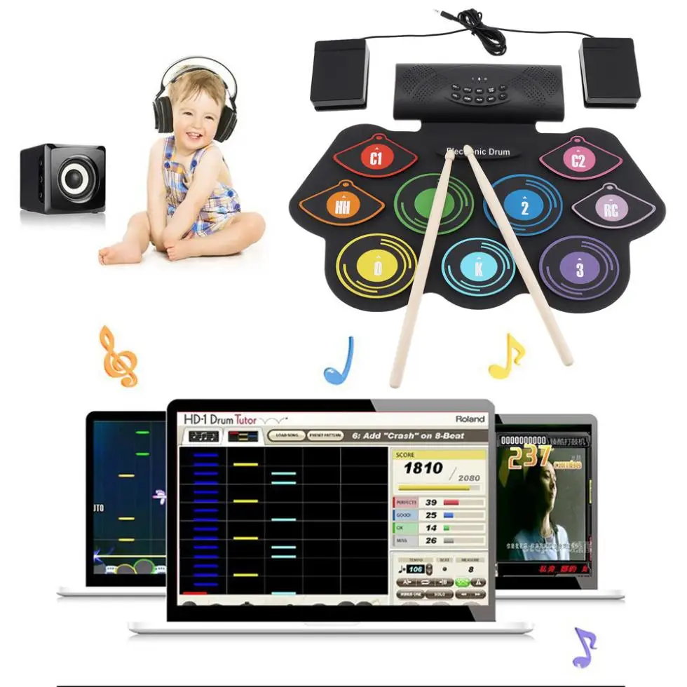 Электронный рулонный силиконовый барабан 9 прокладок двойные колонки стерео