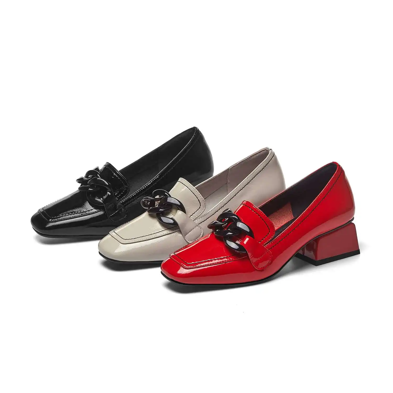 

Krazing Pot large size business casual full grain leather chain decorations square toe thick med heel slip on women pumps L1f1
