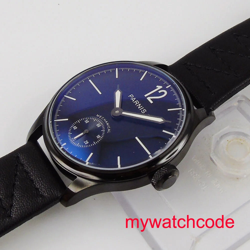 44 мм Parnis синий циферблат черный кожаный ремешок из нержавеющей стали чехол для