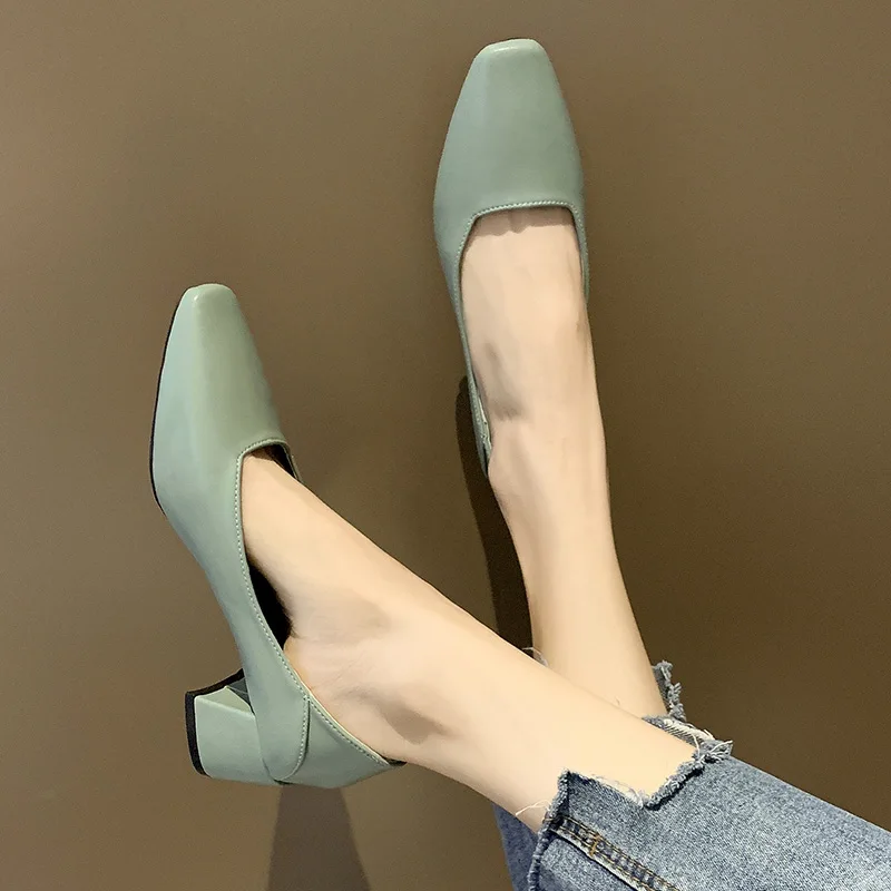 

Black Heel Shoe Chunky Sandals Slip On All-Match Square Toe Work Dress Professional Clogs for Women 2021 Shallow Mouth Lace-Up B