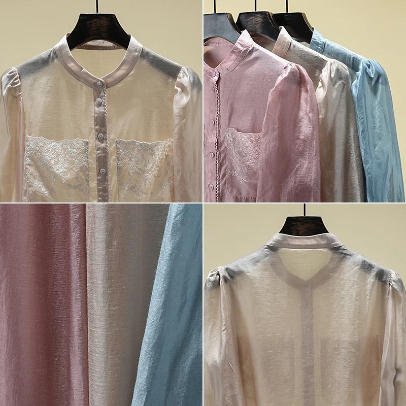 

Tencel Shirt Women 2021 Spring new arrival Lace Patchwork O-Neck Blouse OL Elegant Puff Sleeve Fashion Tops