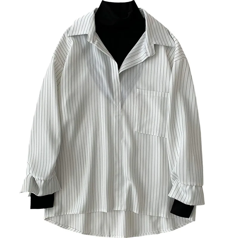 

Fake Two Pieces Women Shirts Summer New Design Turn-Down Collar Striepd Loose Pocket Casual All Match Female Outwear Tops