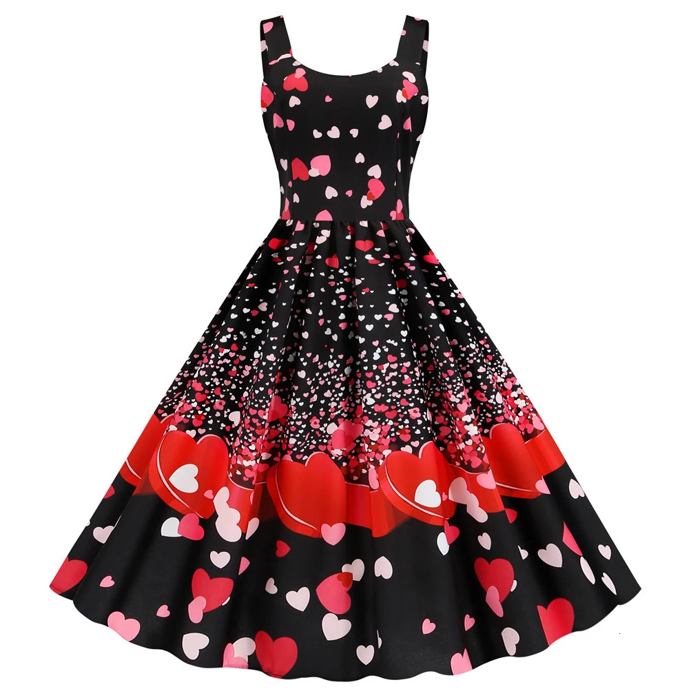 Music Note Heart Print Summer Dress 2020 Fashion Sleeveless Tank Vintage Rockabilly Valentines Party Dresses Swing A-Line Black | Женская