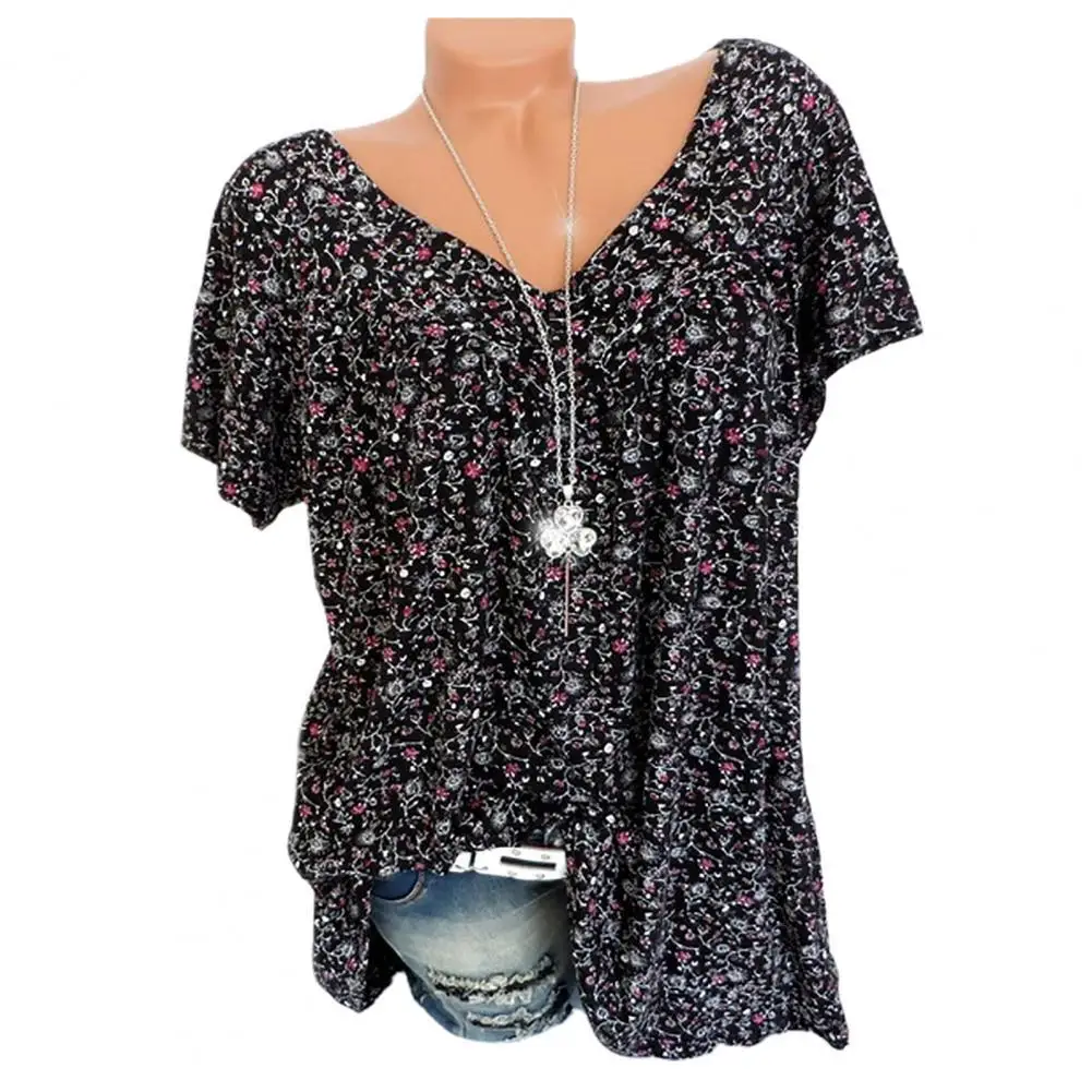 

V-Neck Floral Print Top Loose Hem Short Sleeve Women Shirt for Daily Wear Print Shirt Top Blouse Women Shirt New