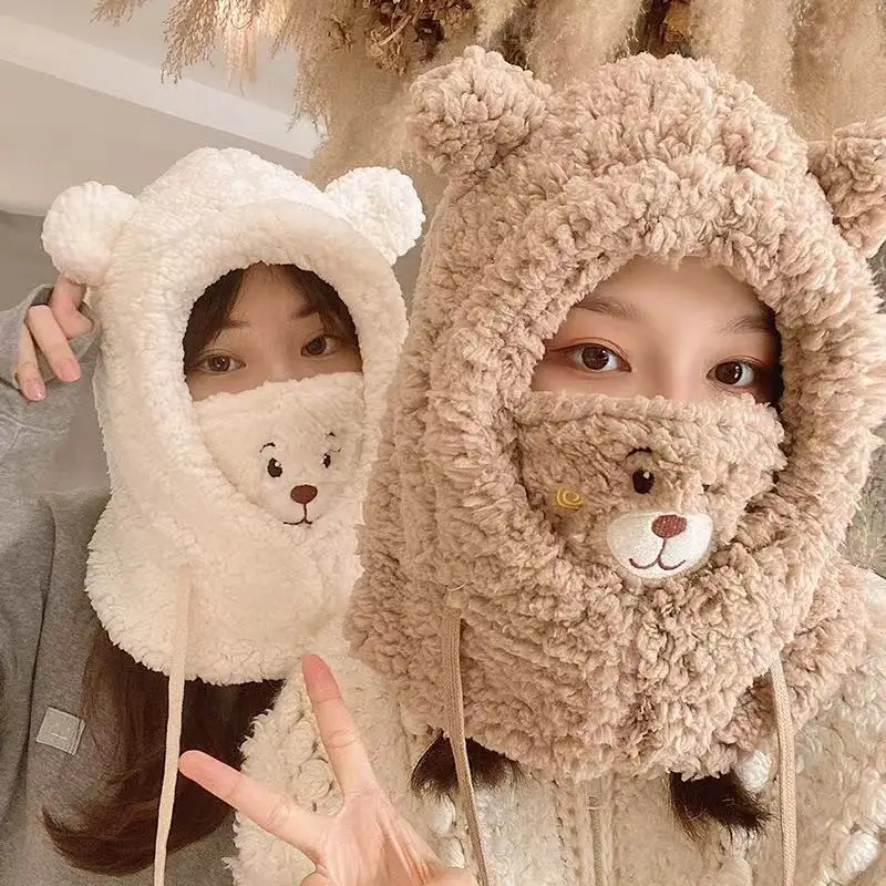 Fashion Woman Hats Thicked Woolen Cute Bear Cartoon Warm Winter Beanies for Women with Mask Keep Warmer Pompoms Cap Women Hats
