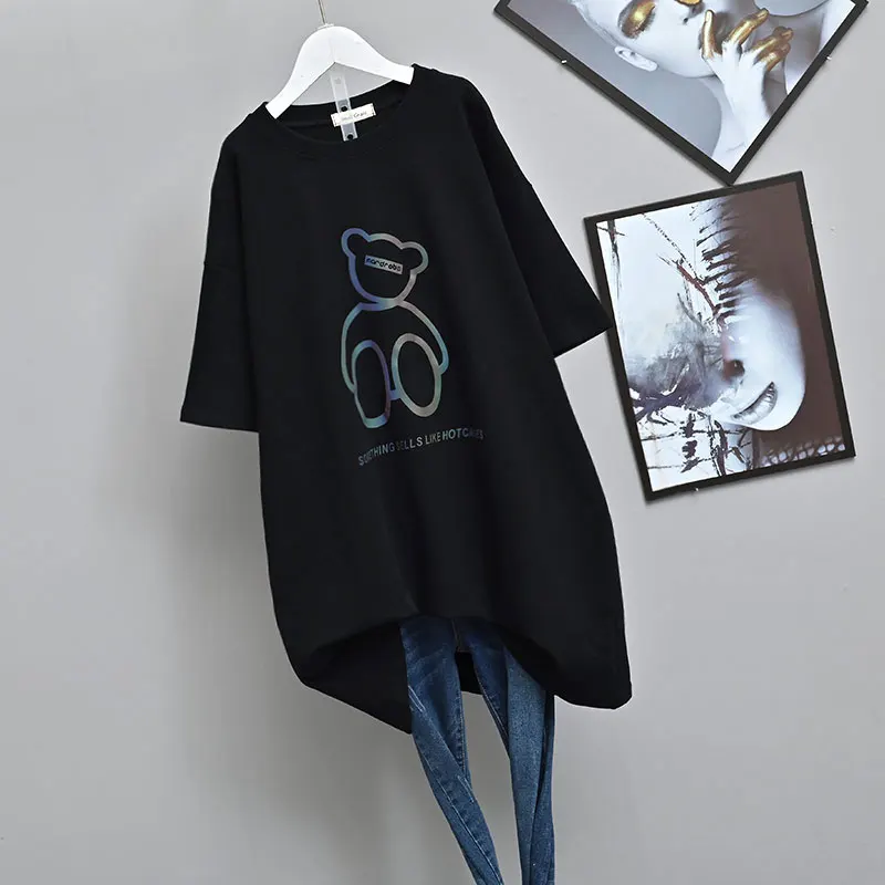 

Loose Large Short Sleeve T-shirt Women's Autumn and Winter Brushed Cartoon Bear Western Style Shirt Covering Belly Thin Inner T