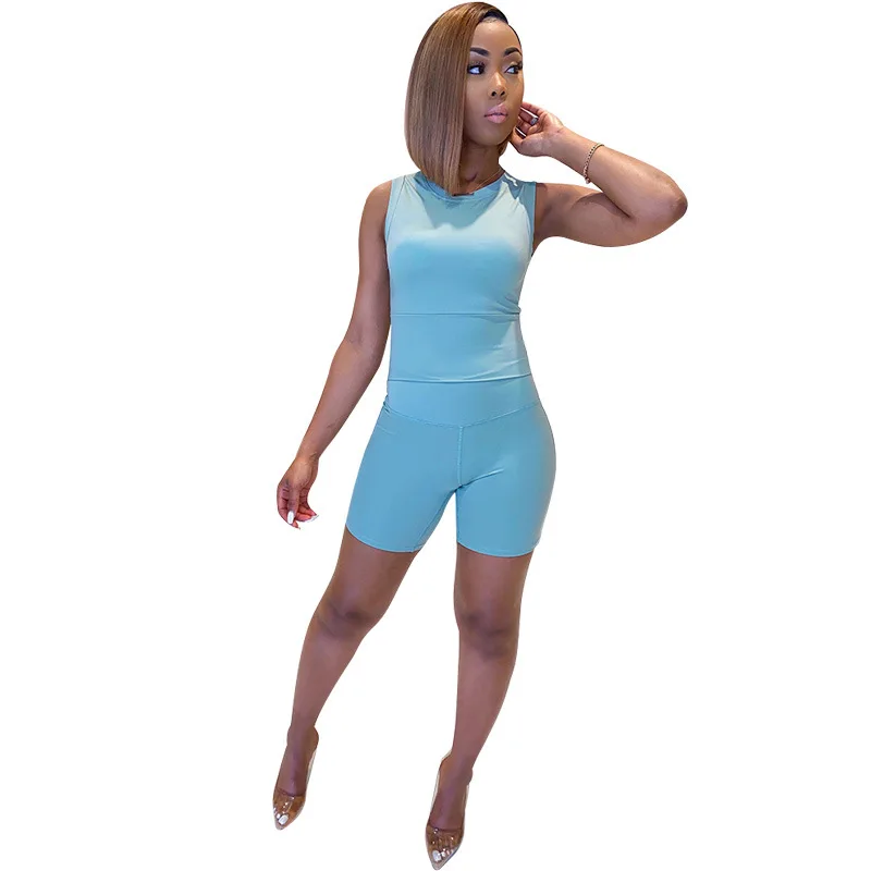 

Adogirl New Summer Women Soild Color Sleeveless Short Sportswear Two Pieces Set Casual Skinny Outfit Sweatsuit Four Colors