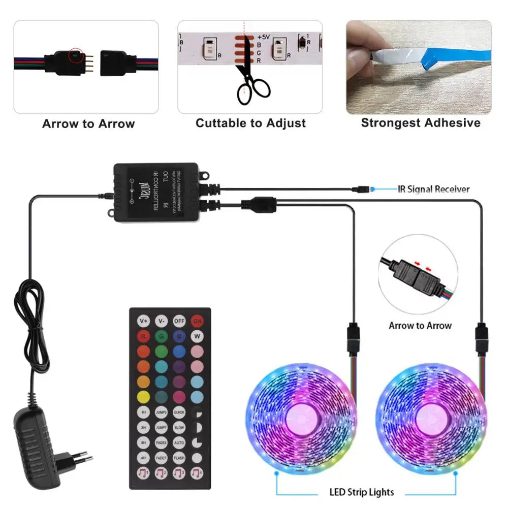 

12V Music Sync LED Strip Light Backlight TV RGB Tape with Controller 5050 Led Lights Holiday Bedroom Decoration Christmas Lights
