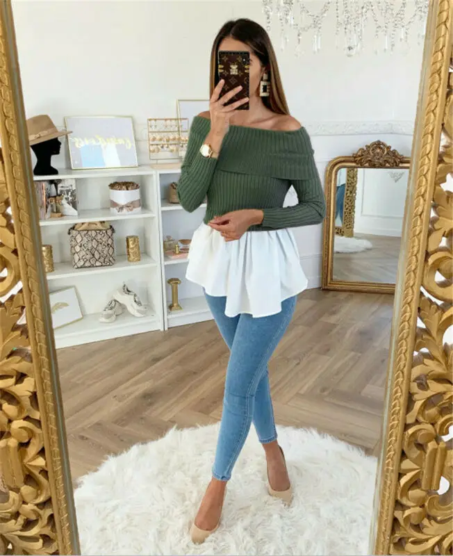 Женский свитер с открытыми плечами и длинным рукавом джемпер оборками в стиле