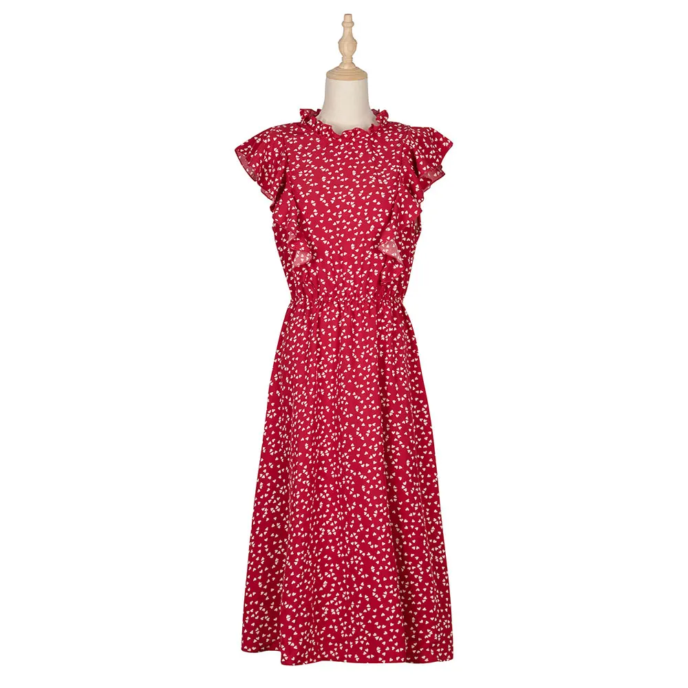 

Gentillove Casual Sleeveless Elastic Waist Ruffled Midi Dress Women Elegant Dot Print Red Chiffon Dress Summer Beach Sundress