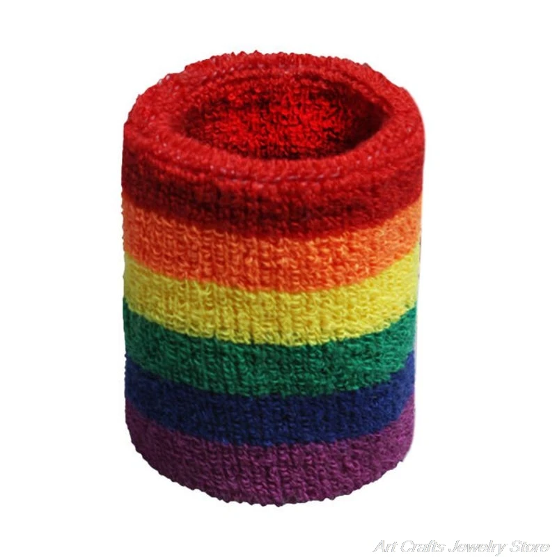 

Unisex Sports Workout Rainbow Striped Headband Wristband Towel Sweatband Breathable Bracers Running Badminton Support Wrap My25
