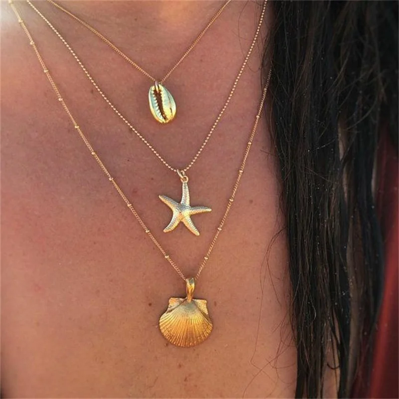 

Gold Shell Starfish Beach Multi layer Statement Chain Neckalce For Women 2019 Pendant Fashion Jewelry Accessories Gift Wholesale