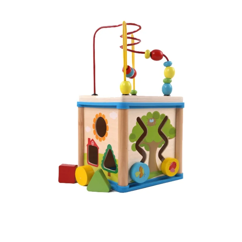 

Baby Cube Block Kids Toys Multifunctional Activity Early Ducational Wooden Bead Maze Shape Sorter Toys Children