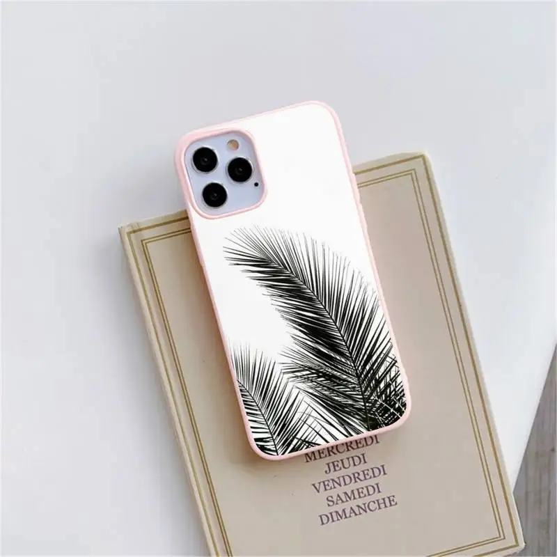 

Black white palm leaves palm trees Phone Case Pink Candy Color for iPhone 11 12 mini pro XS MAX 8 7 6 6S Plus X SE 2020 XR