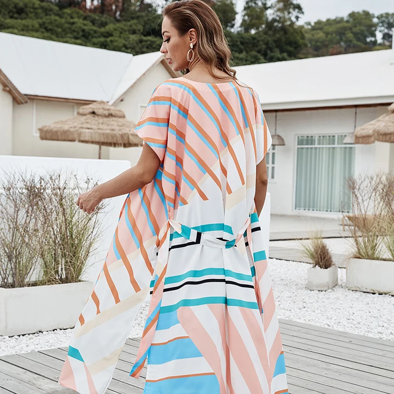 

Storyever Beach Cover Up Women's Swimwear 2021Color Stripe Printing Casual Cardigan Sun Protection Blouse