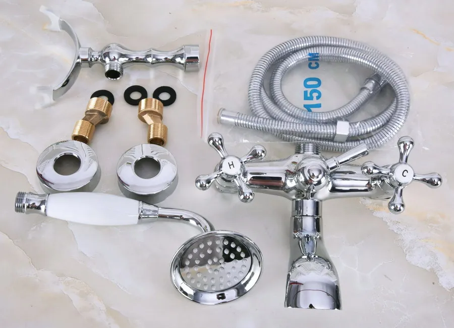 Полированный хромированный смеситель для ванны с настенным креплением и душевой