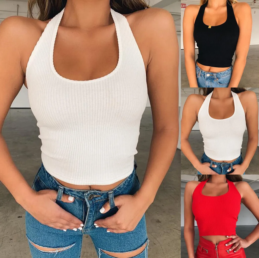 Летний женский тонкий базовый укороченный топ сексуальный однотонный