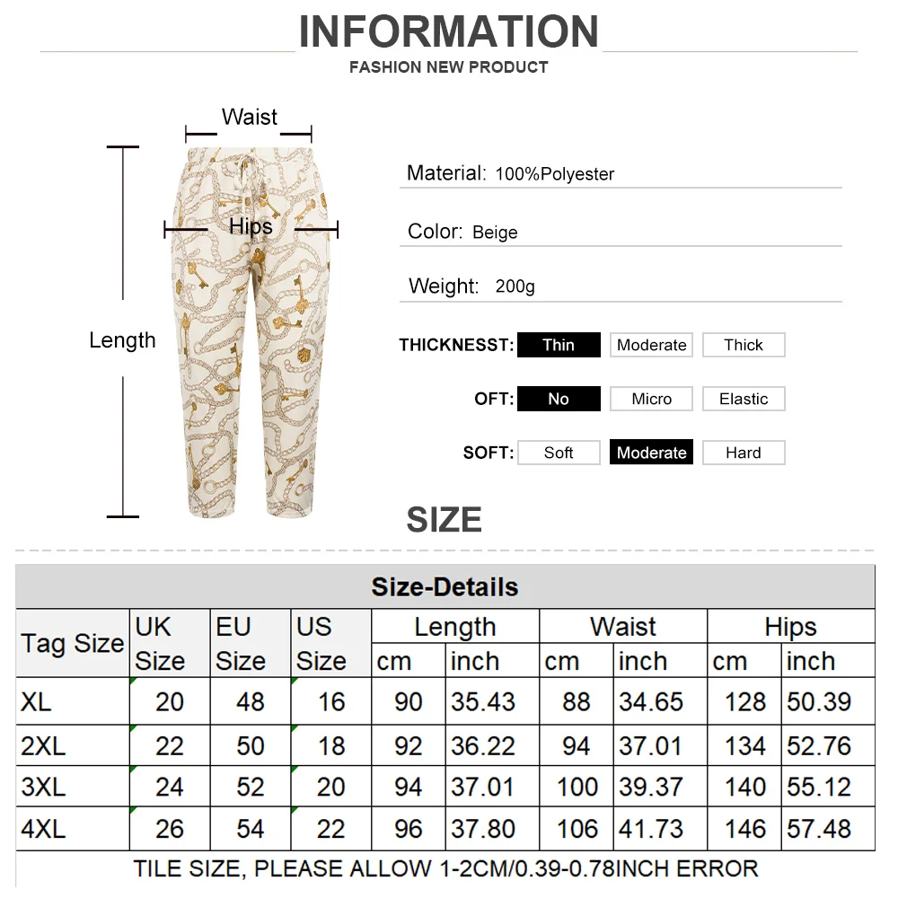 

Summer Lace Up Large Size Ladies Trousers Female Clothing Plus Size Women Pants Chain Printed Casual Calf-Length Pants 4XL D30