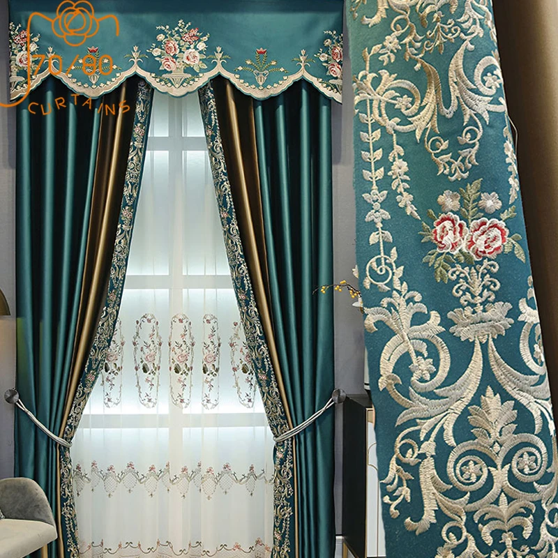 New Chinese Style Light Luxury Imitation Silk Embroidery Stitching Blackout Curtains for Living Room Bedroom Customization