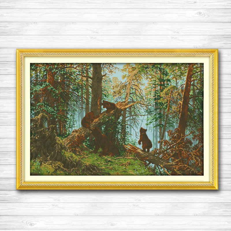 

Bears in The pine forest morning Scenery Counted Printed on canvas DMC 11CT 14CT Cross Stitch kit needlework Sets DIY embroidery