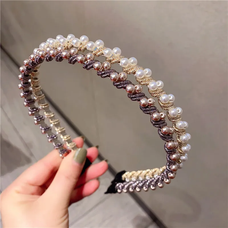 

Designer Beaded Pearl Chain Hairbands Rhinestone Vintage Girls Hair Accessories Luxury Jewelry Lady Headband Headdress for Women