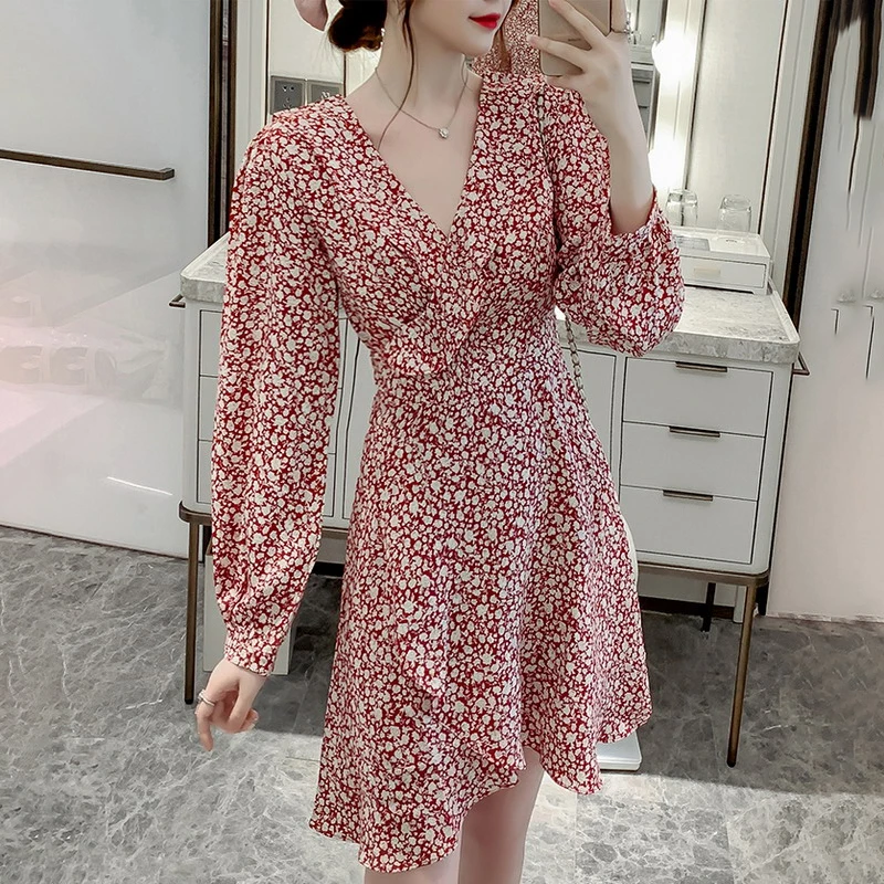 

VICONE/новая весенняя модная юбка с v-образным вырезом и цветочным рисунком; Шифоновое платье с длинными рукавами