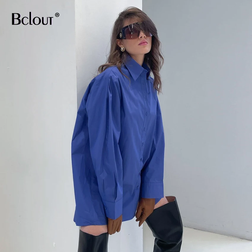 

Bclout Loose Puff Sleeve Blue Blouses Elegant Turn Down Collar Single Breasted Top Women Party Long Sleeve Shirt Dress For Woman